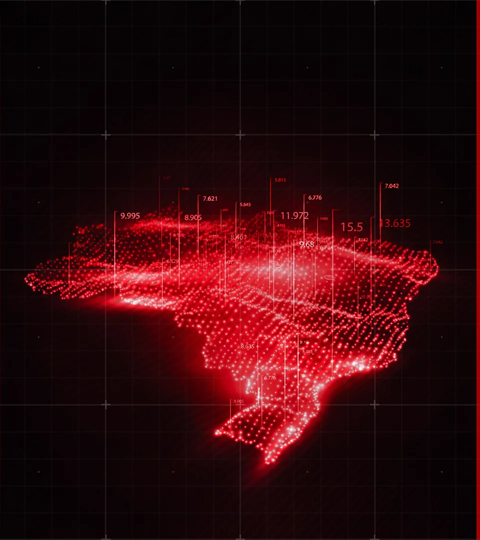 Mapa digital do Brasil formado por pontos de dados vermelhos