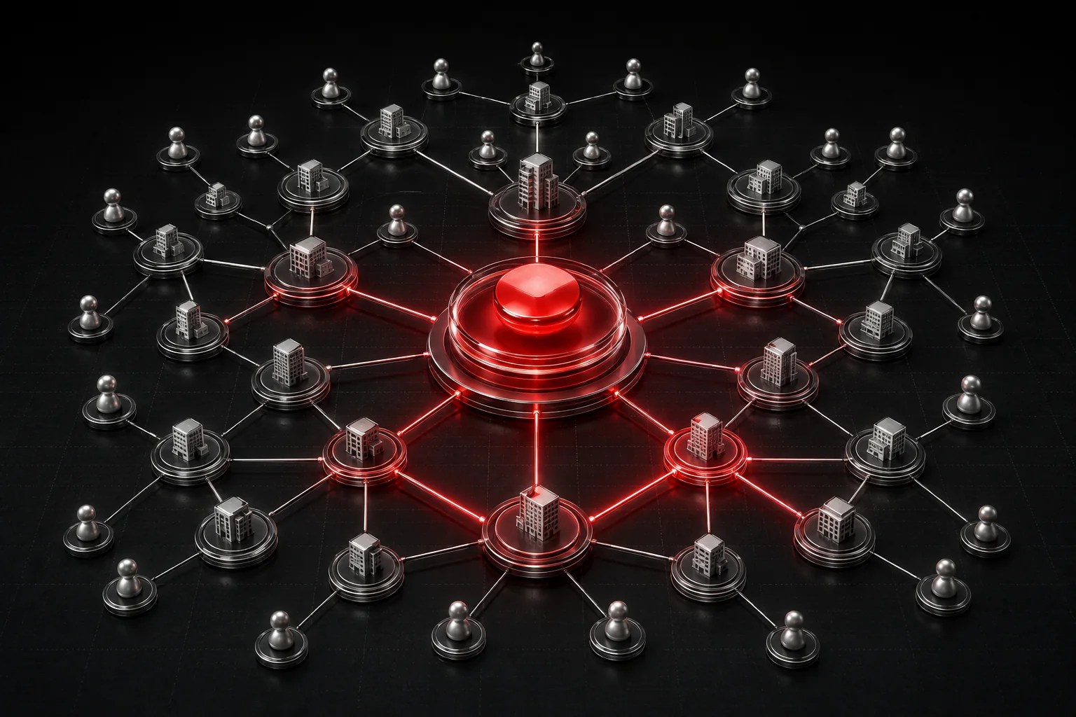 Visualização de uma rede societária com empresas e pessoas conectadas em várias camadas